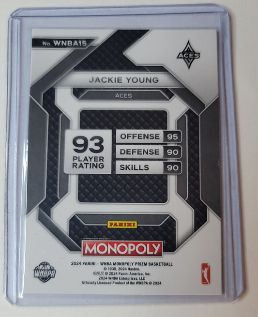 Monopoly WNBA basketball trading card featuring Jackie Young with player rating details.