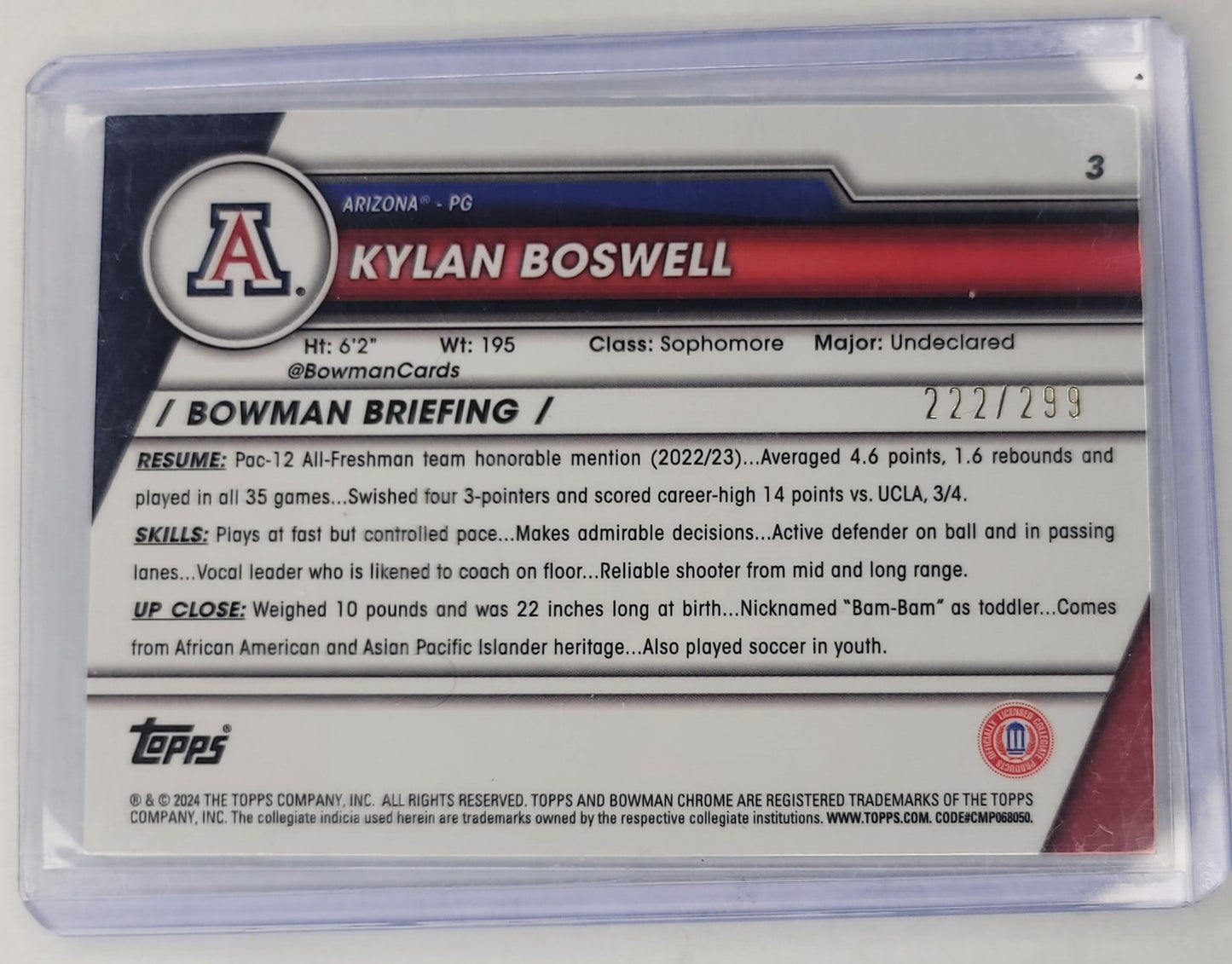 Kylan Boswell 2023-2024 Bowman Chrome U Aqua Wave no.3 #'d 222/299 1st Bowman