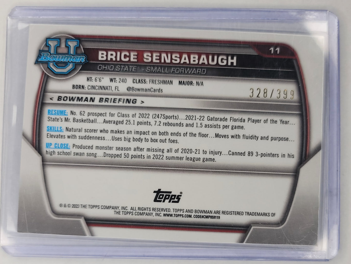 2022-23 Bowman Chrome U Brice Sensabaugh 1st Bowman Purple Mini-Diamond #'d 328/399 Refractor