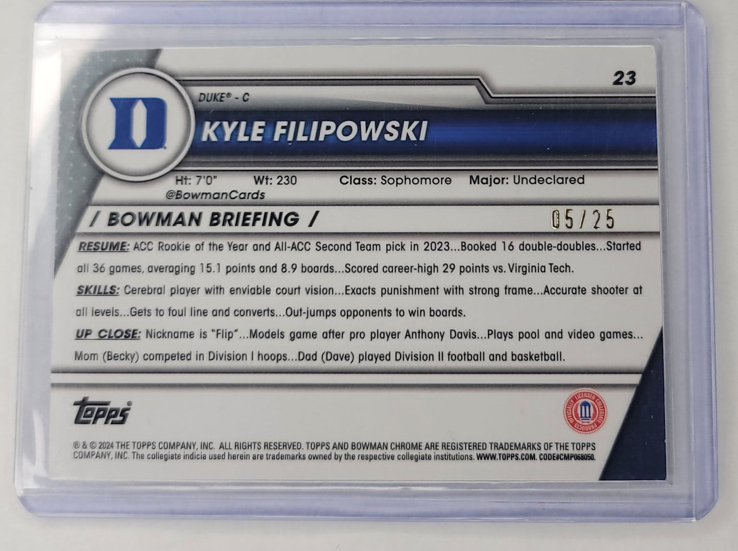 2023-24 Bowman University Chrome Basketball Kyle Filipowski Orange shimmer 05/25 Duke