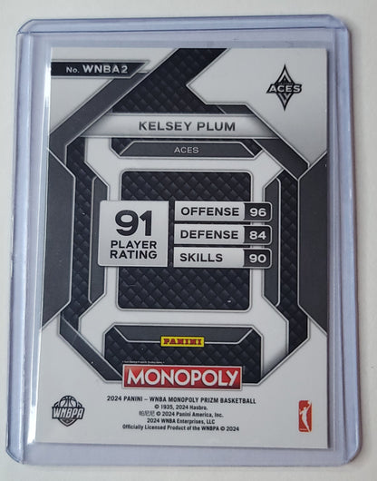 Monopoly WNBA trading card featuring Kelsey Plum with stats on a white background