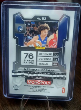 Basketball trading card featuring Natasha Hiedeman with stats and branding