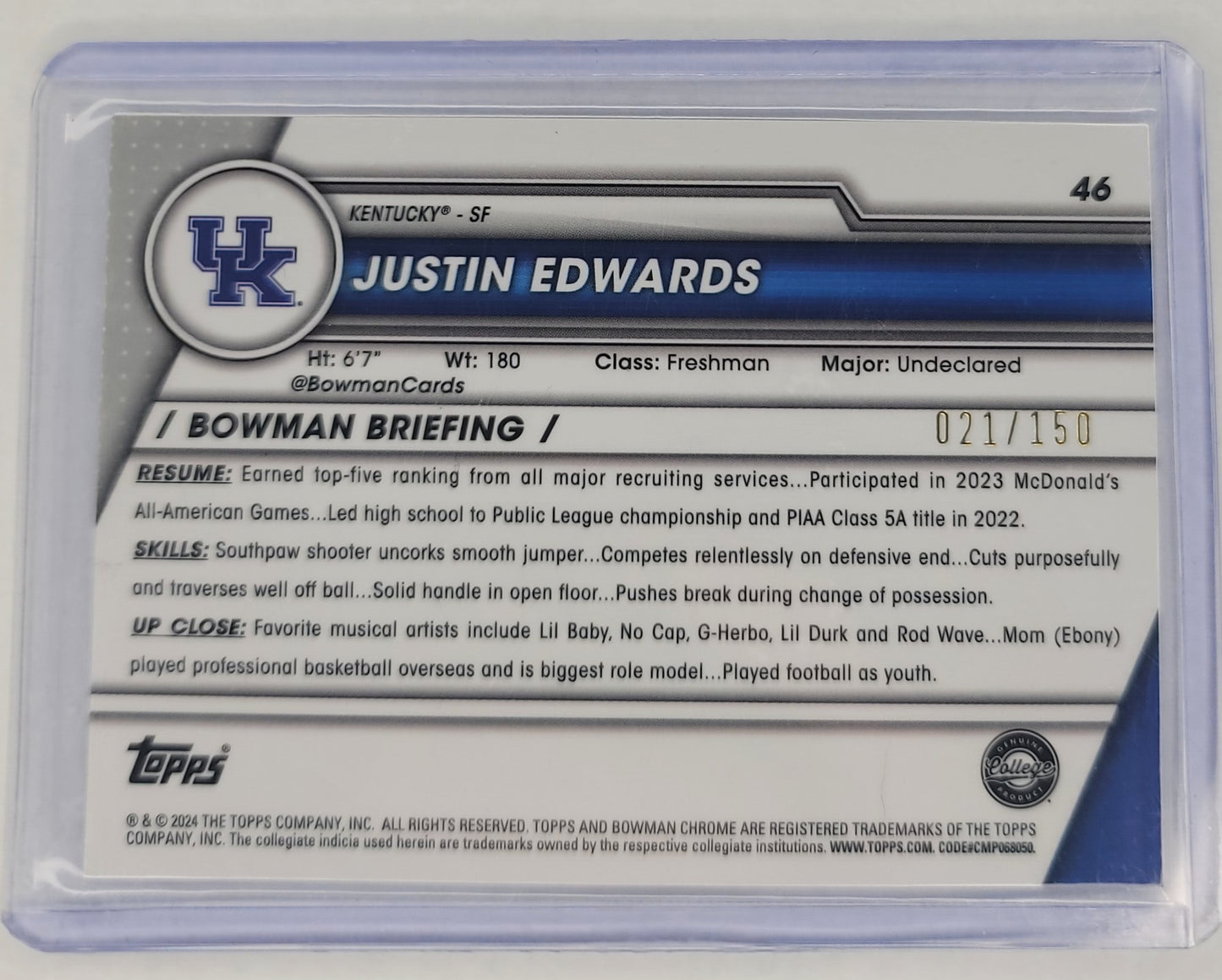 Justin Edwards Bowman Chrome U 2024 basketball no.46 purple shimmer refractor #21/150