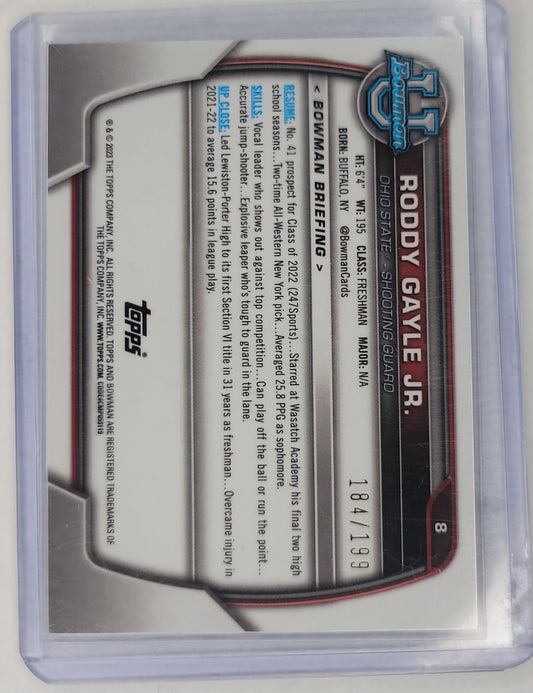 Roddy Gayle Jr #'d 184/199 - 2022-23 Bowman University Chrome 1st Blue Refractor SP