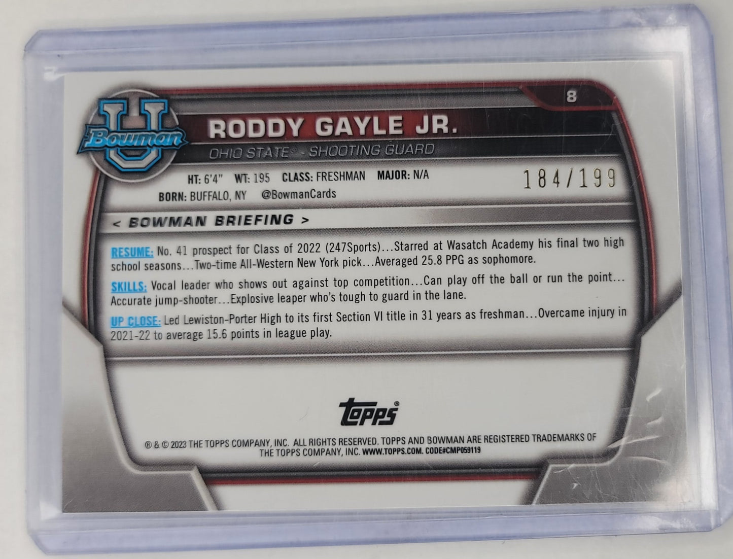 Roddy Gayle Jr #'d 184/199 - 2022-23 Bowman University Chrome 1st Blue Refractor SP
