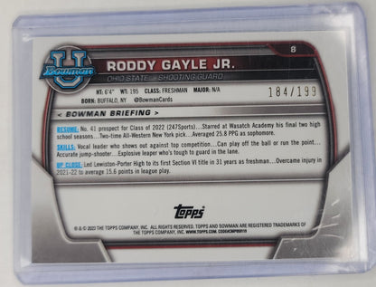Roddy Gayle Jr #'d 184/199 - 2022-23 Bowman University Chrome 1st Blue Refractor SP