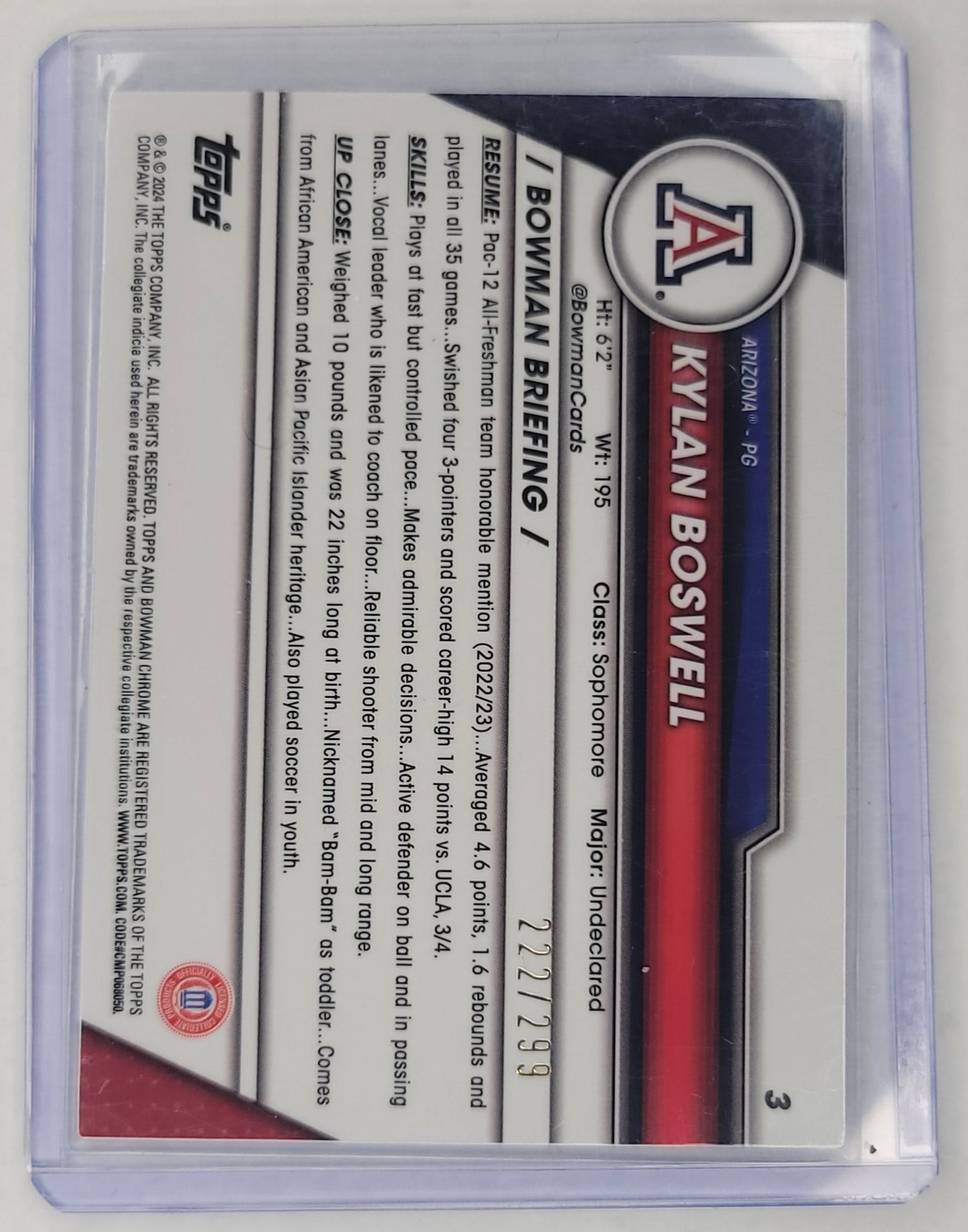 Kylan Boswell 2023-2024 Bowman Chrome U Aqua Wave no.3 #'d 222/299 1st Bowman