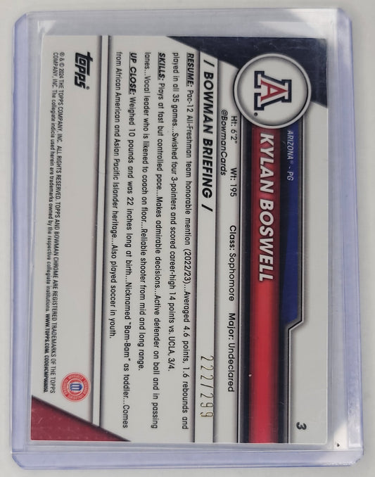 Kylan Boswell 2023-2024 Bowman Chrome U Aqua Wave no.3 #'d 222/299 1st Bowman