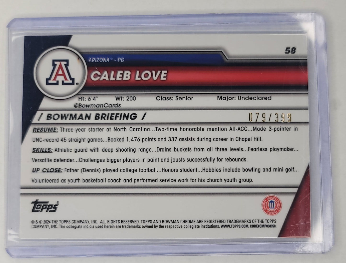 Caleb Love 2023-2024 Bowman Chrome U no.58 #'d 79/399 Purple