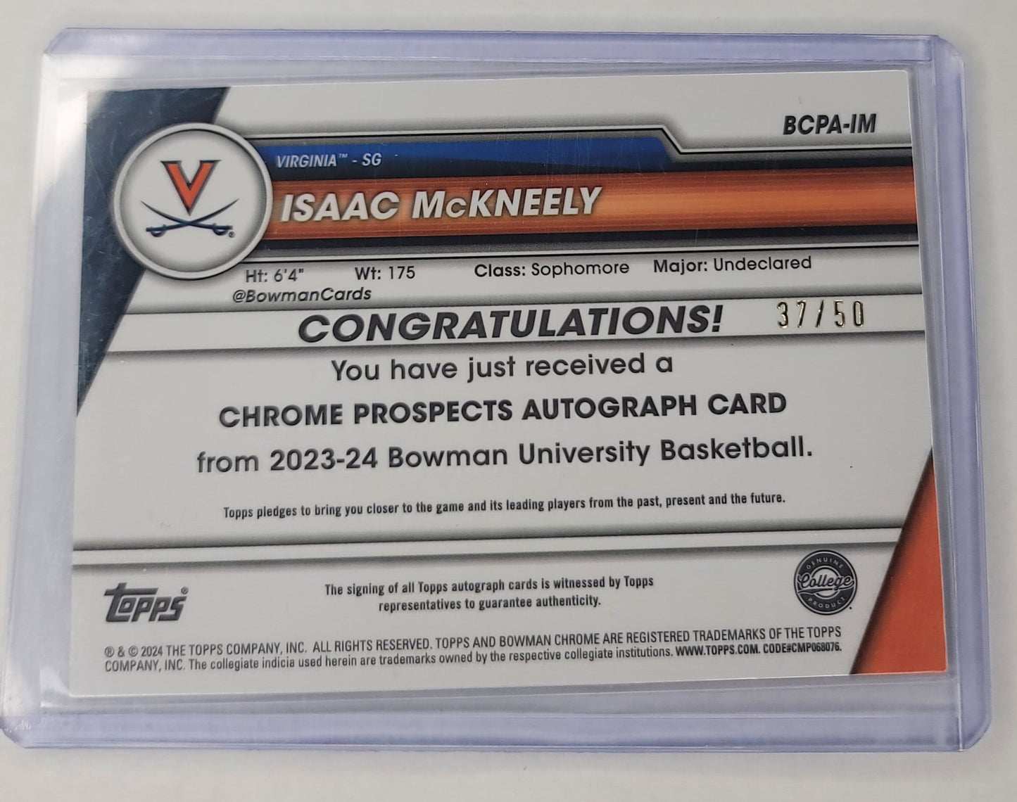 Isaac McNeely Bowman Chrome U Basketball 2023-24 #'d 37/50 Gold Refractor