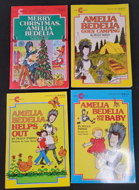 Four books featuring Amelia Bedelia on a black background