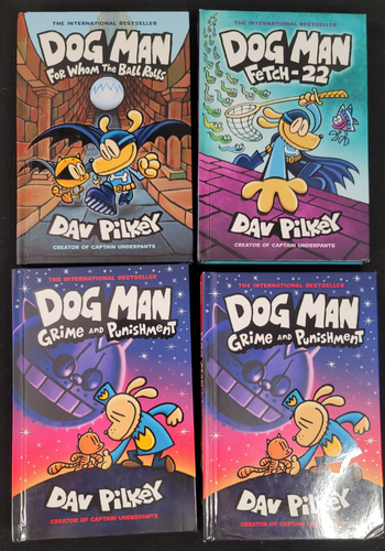 Four book covers of 'Dog Man' series by Dav Pilkey on a black background