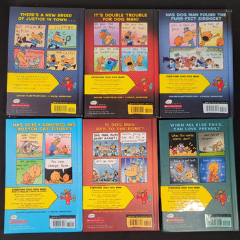 Collection of six book covers featuring Dog Man illustrations on a black background