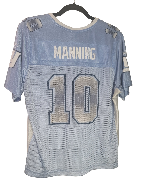 Blue sports jersey of Eli Manning and number '10' on a white background
