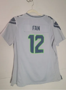 Gray Seattle Seahawks jersey with 'FAN' and number '12' on a white background