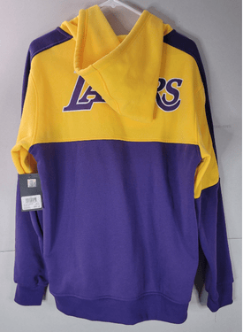 Yellow and purple hoodie with Los Angeles Lakers logo on a gray background