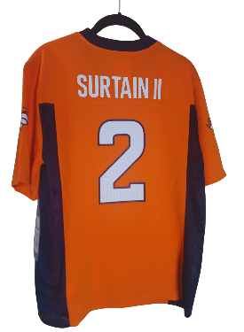 Orange Denver Broncos jersey with 'Surtain II' and number '2' on a hanger