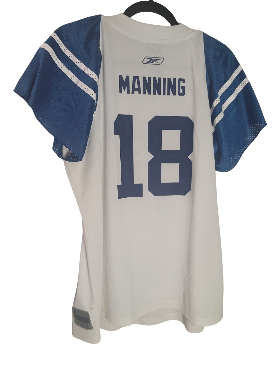 White Pyton Manning jersey with blue sleeves and 'Manning 18' printed on a white background