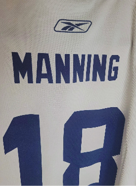 Close-up of a sports jersey with 'Manning' and number '18' on a white background