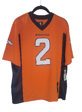 Orange Broncos jersey with number 2 on a hanger