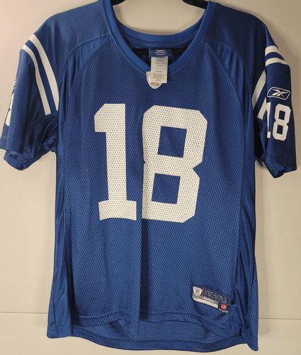 Peyton Manning youth Large jersey with number 18 on a beige background
