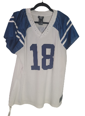 White Indianapolis jersey with blue sleeves and number 18 on a hanger