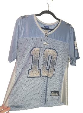 Blue and gray football jersey with number 10 on a hanger