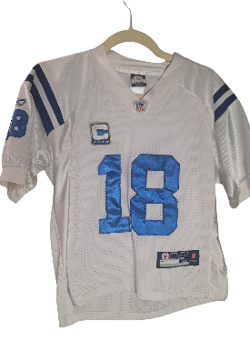 White Peyton Manning jersey with blue number 18 on a hanger