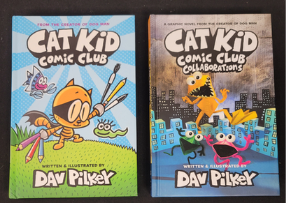 Two books from the Cat Kid Comic Club series by Dav Pilkey on a black background