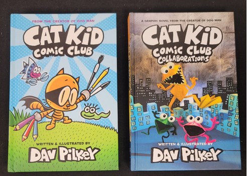 Two books from the Cat Kid Comic Club series by Dav Pilkey on a black background