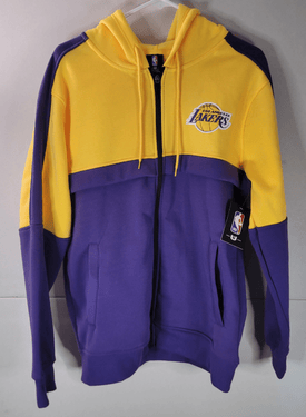 Yellow and purple Los Angeles Lakers hoodie with a logo on a white background