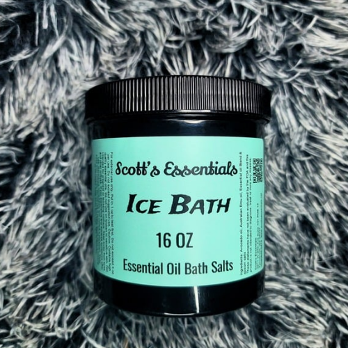 Container of Scott's Essentials Ice Bath Essential Oil Bath Salts on a textured gray background