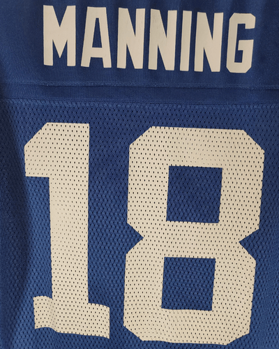 Blue Peyton Manning jersey with 'Manning' and number '18' in white text