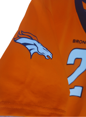 Orange Denver Broncos youth large jersey with a logo and number on a white background