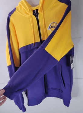 Yellow and purple hoodie with a visible Lakers brand logo on a light gray background