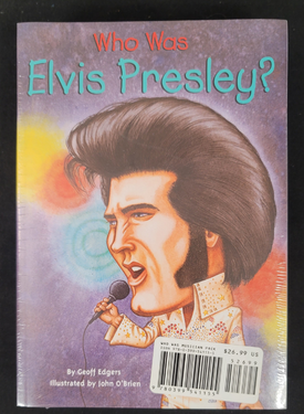 Book cover of 'Who Was Elvis Presley?' with a stylized illustration of Elvis Presley holding a microphone.
